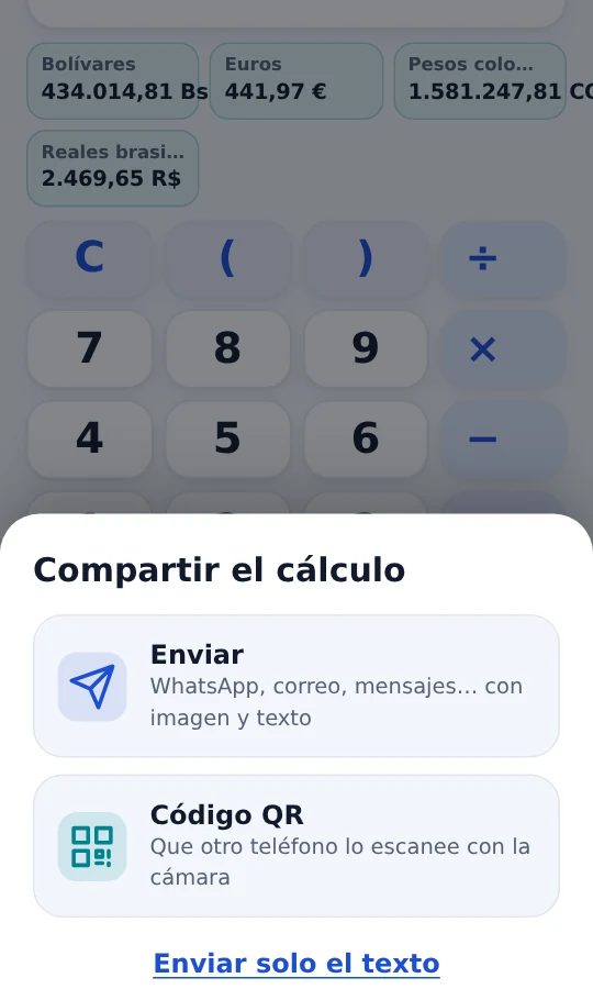 App Locha: hoja «Compartir el cálculo» con las opciones Enviar (imagen y texto) y Código QR