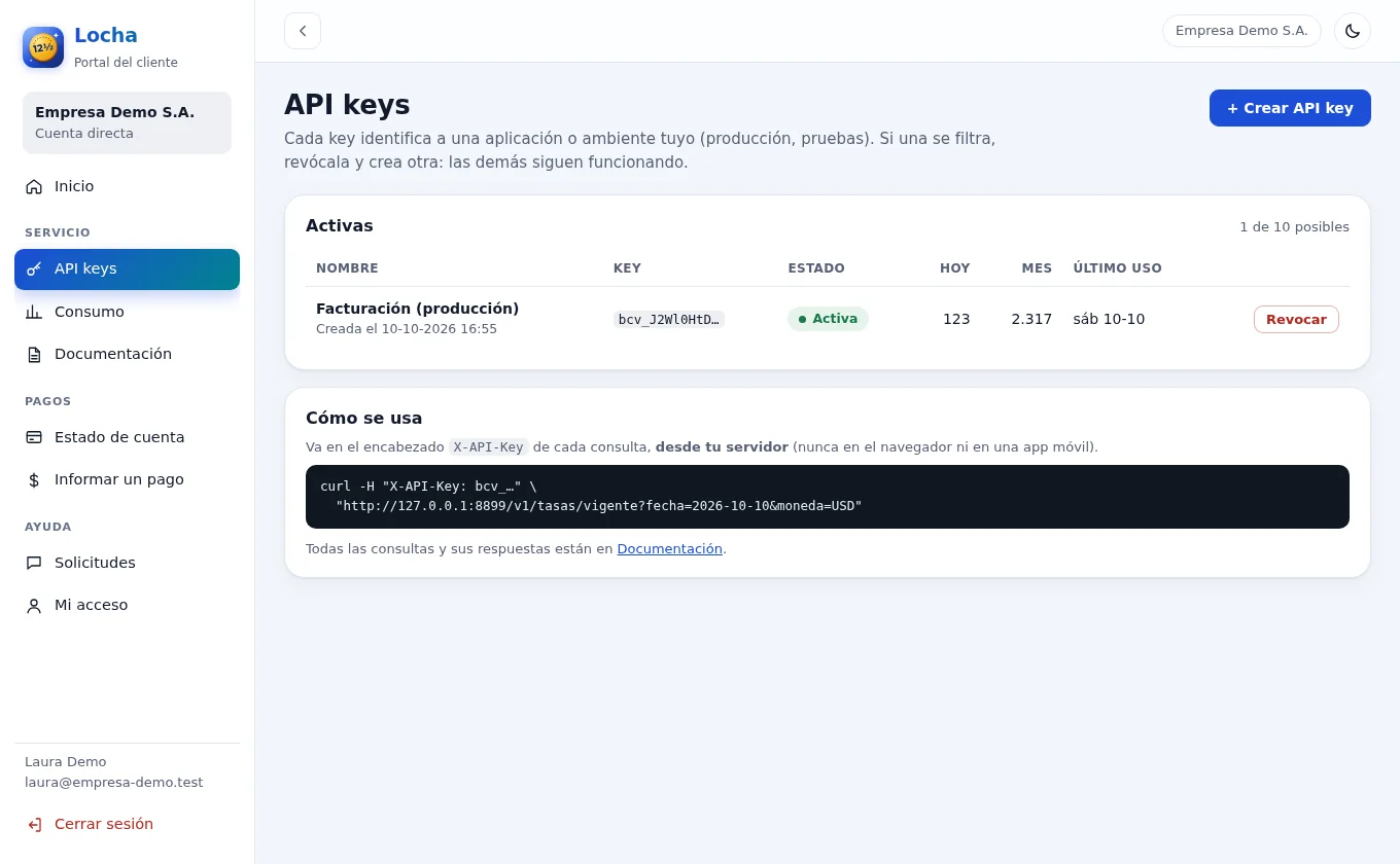 Portal del cliente: lista de API keys con su prefijo, fecha y estado